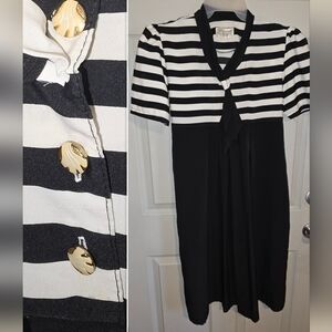Vintage Ribori Black White Striped Tie Neck Midi Dress Costume Up to Women's L